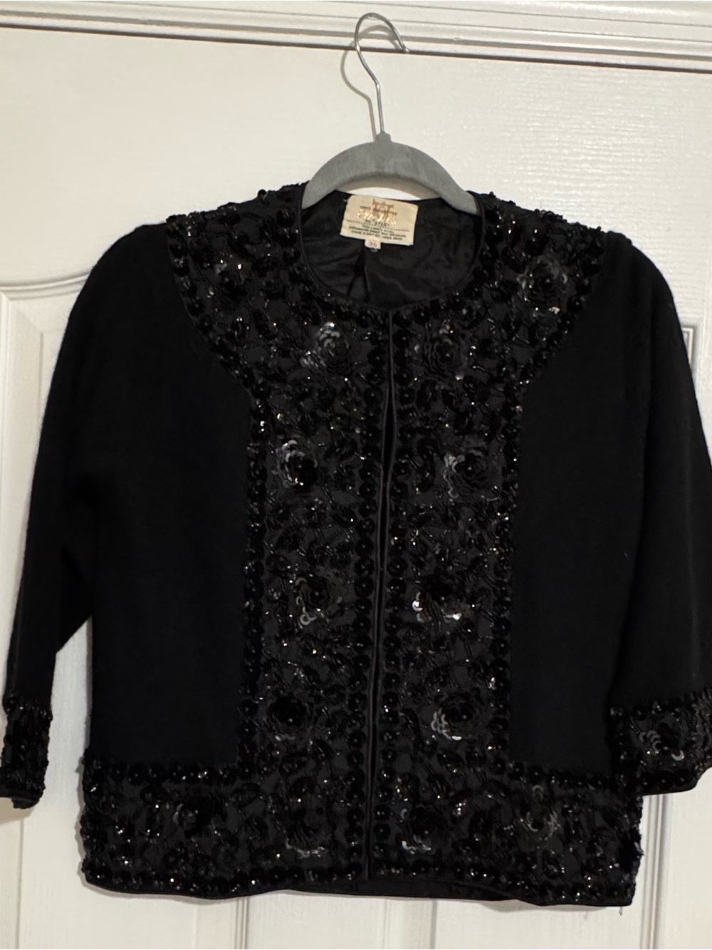 Vintage Onyx Black Sequin & Bead Embellished Open-Front Jacket